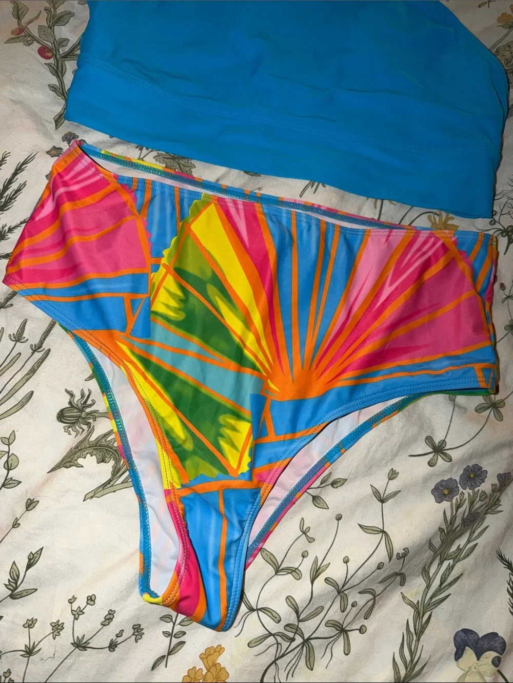 Bright Blue Bikini Top with Colorful High-Waist Bottoms